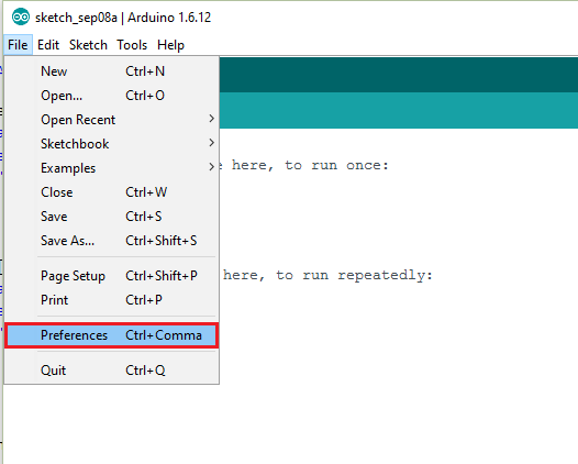 NodeMCU Arduino IDE Preferences Menu